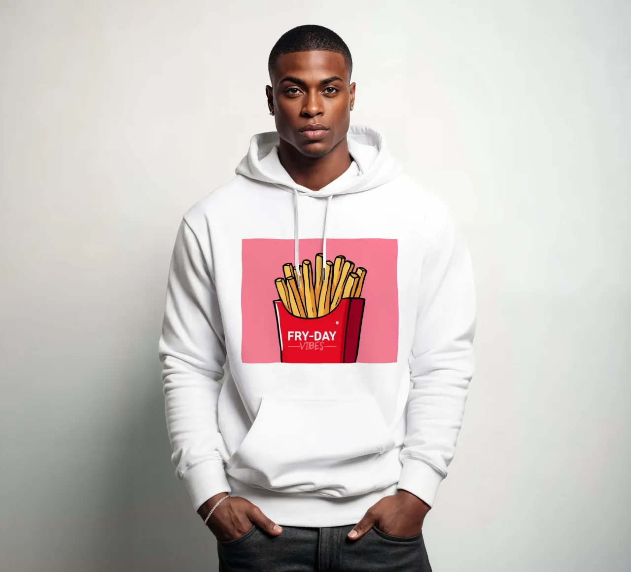 Patatas fritas "FRY-DAY VIBES" sobre fondo rosa sudadera con capucha de DesignDoodle