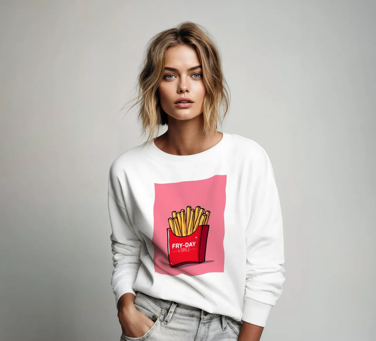 Patatas fritas "FRY-DAY VIBES" sobre fondo rosa sudadera de DesignDoodle