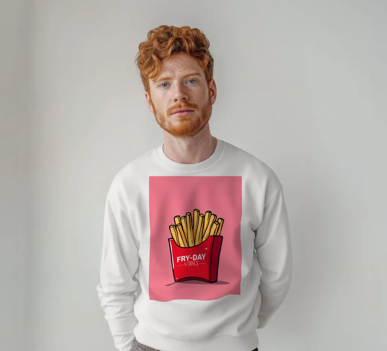Pommes Frites "FRY-DAY VIBES" auf rosa Hintergrund Sweatshirt von DesignDoodle
