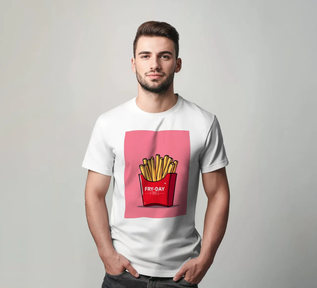 Patatine fritte "FRY-DAY VIBES" su sfondo rosa t-shirt da DesignDoodle
