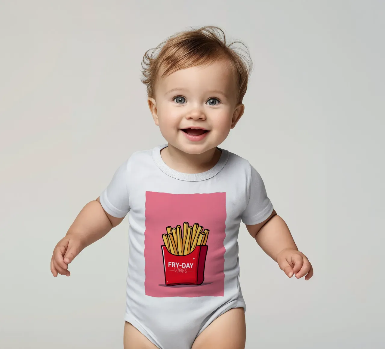 Patatine fritte "FRY-DAY VIBES" su sfondo rosa body neonato maniche corte da DesignDoodle