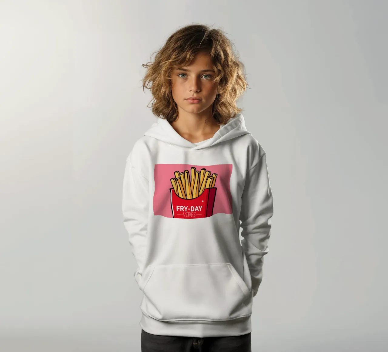 Patatine fritte "FRY-DAY VIBES" su sfondo rosa felpa bambino con cappuccio da DesignDoodle