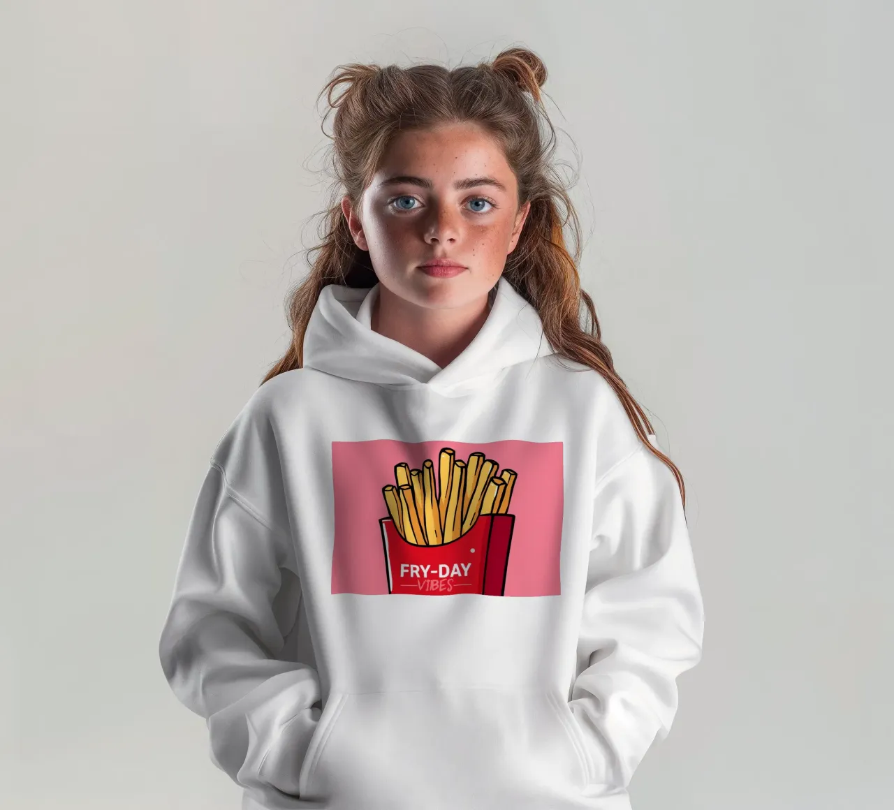 Patatine fritte "FRY-DAY VIBES" su sfondo rosa felpa bambino con cappuccio da DesignDoodle
