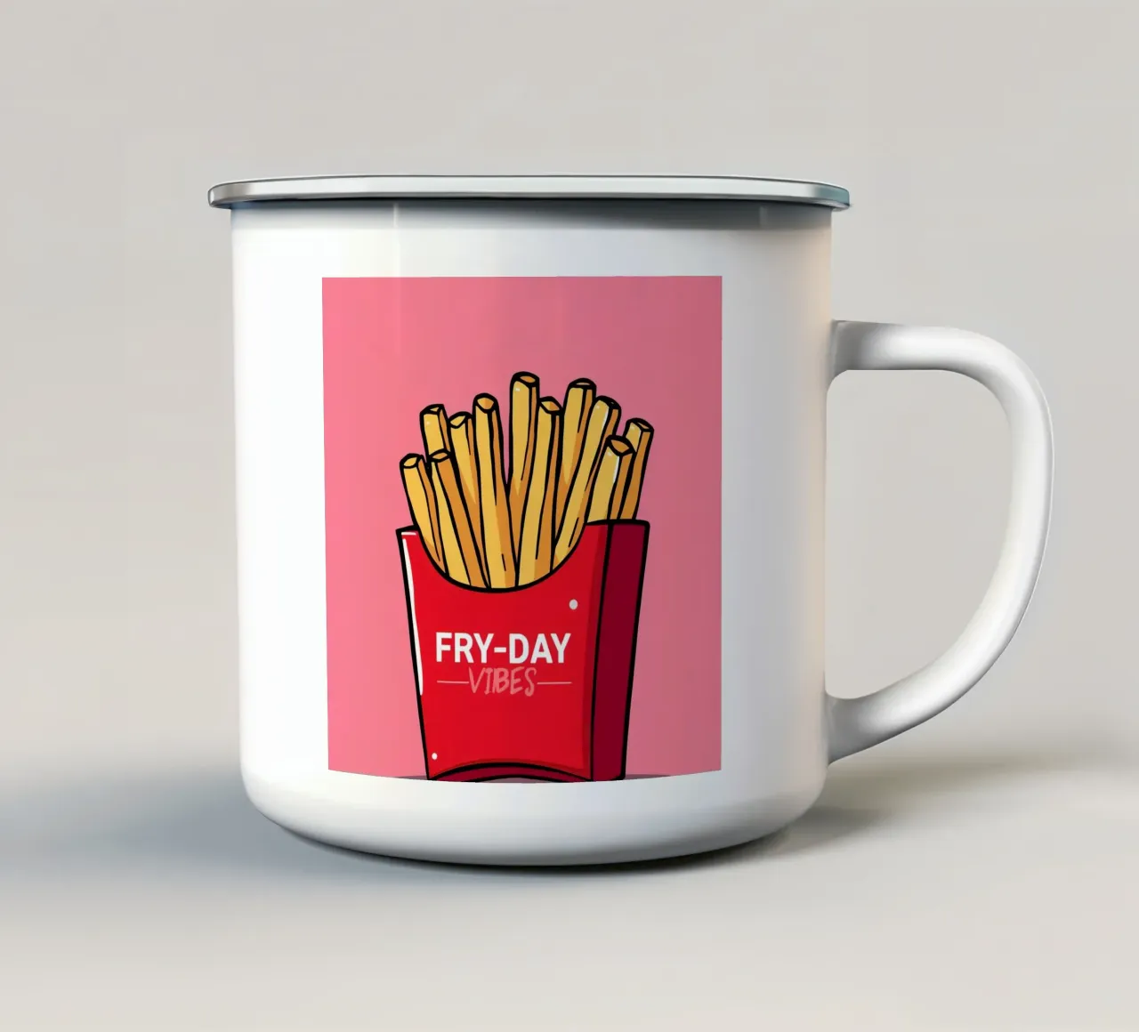 Pommes Frites "FRY-DAY VIBES" auf rosa Hintergrund Emaille Tasse von DesignDoodle
