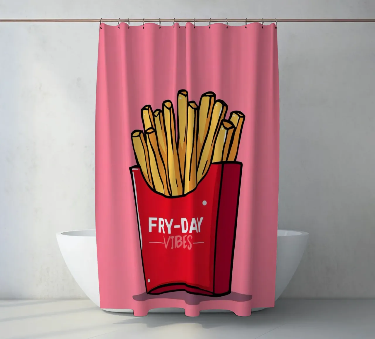 Patatine fritte "FRY-DAY VIBES" su sfondo rosa tenda da doccia da DesignDoodle