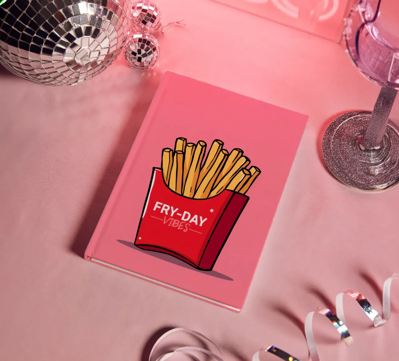 French Fries "FRY-DAY VIBES" On Pink Background notebook by DesignDoodle