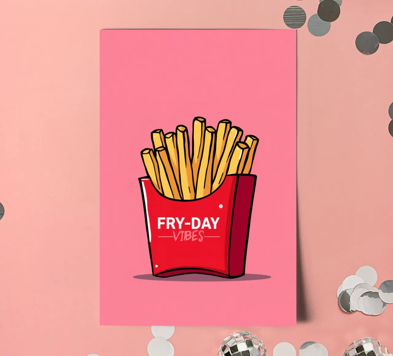 Pommes Frites "FRY-DAY VIBES" auf rosa Hintergrund Stickerbogen von DesignDoodle