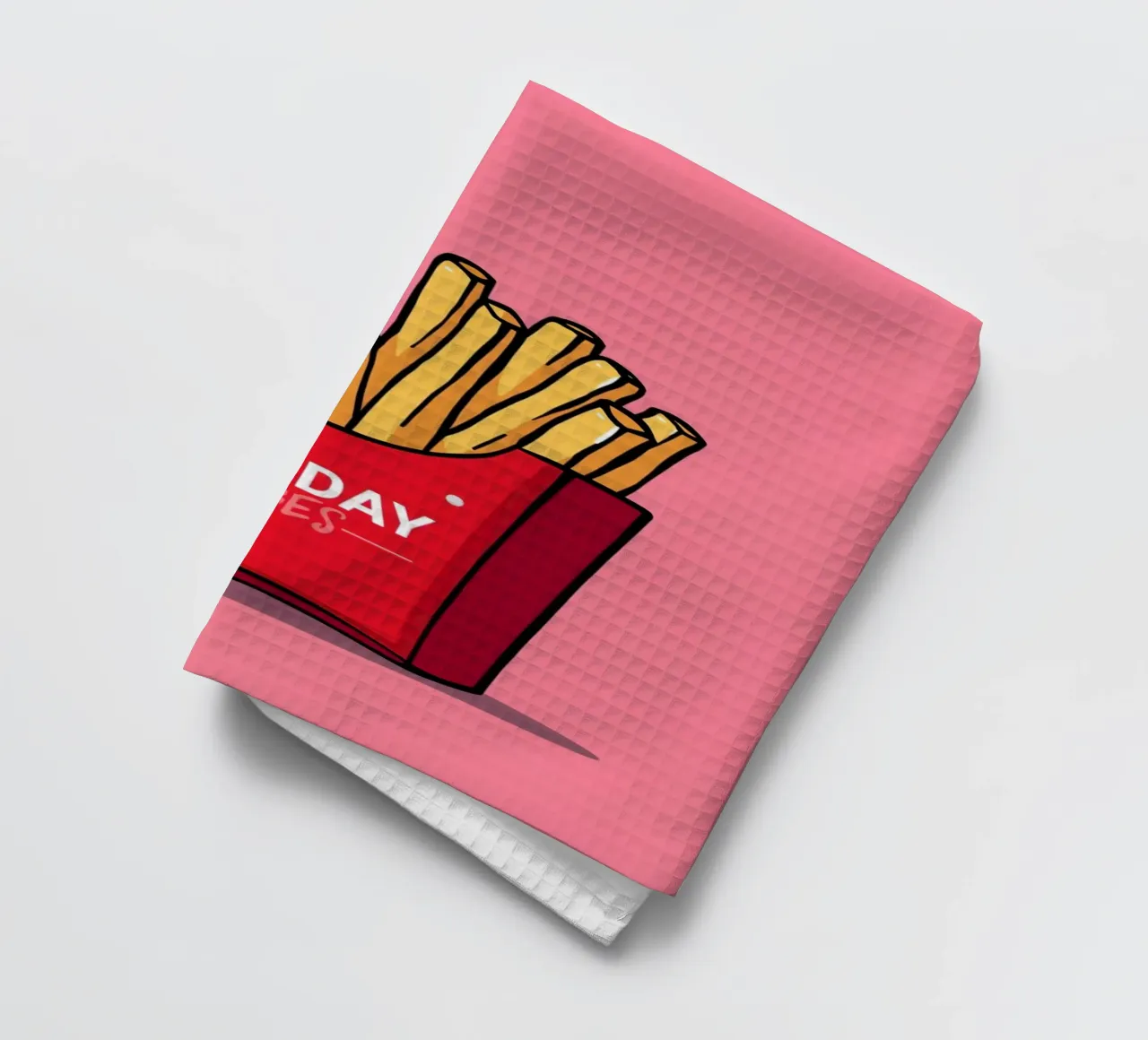 Pommes Frites "FRY-DAY VIBES" auf rosa Hintergrund Geschirrtuch von DesignDoodle