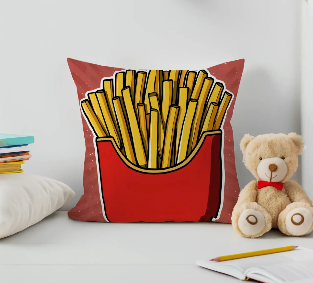 Pop-Art French Fries in Red Carton cuscino da DesignDoodle