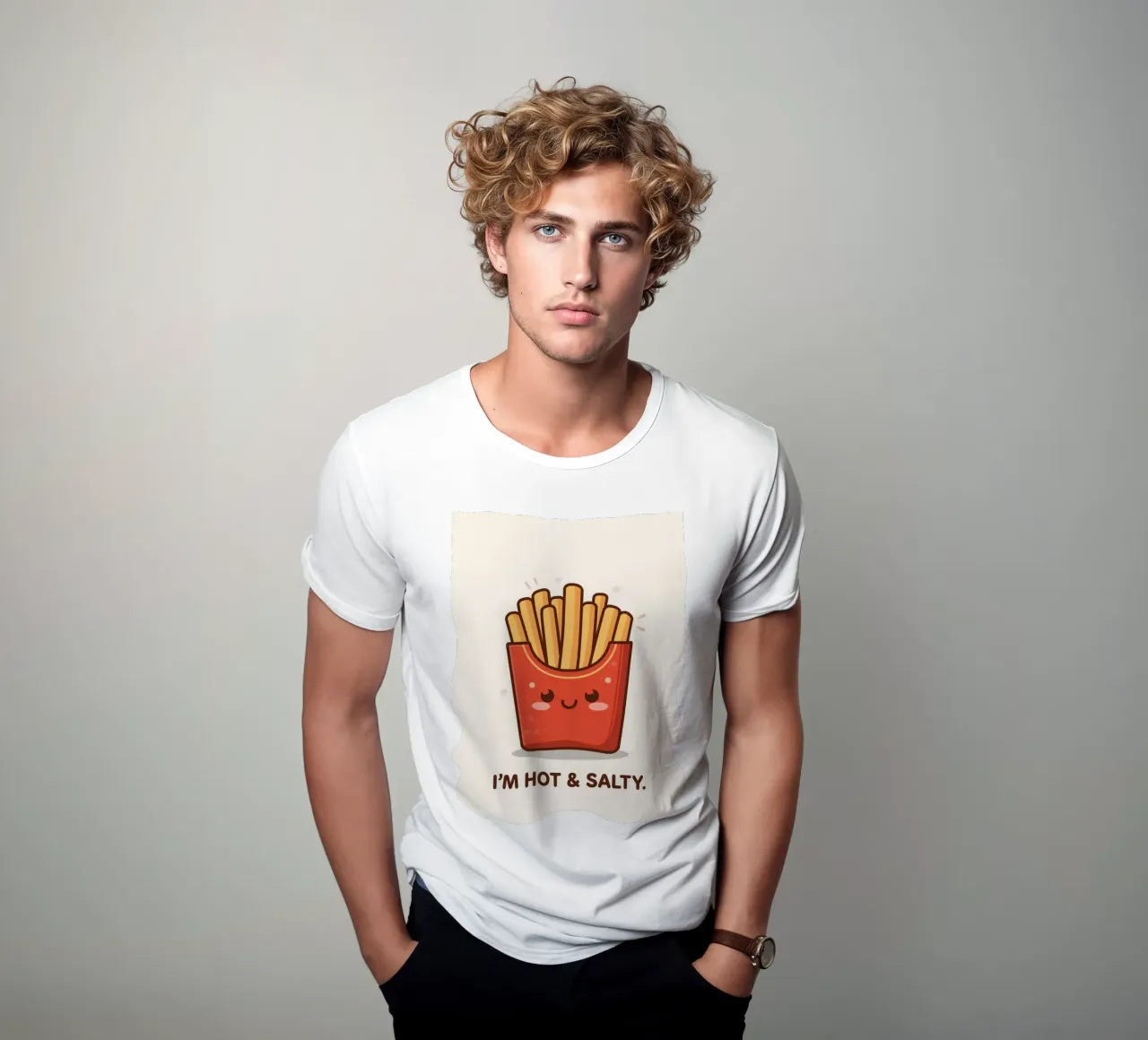 Patatine fritte con faccia felice " Io sono caldo e salato " t-shirt da DesignDoodle