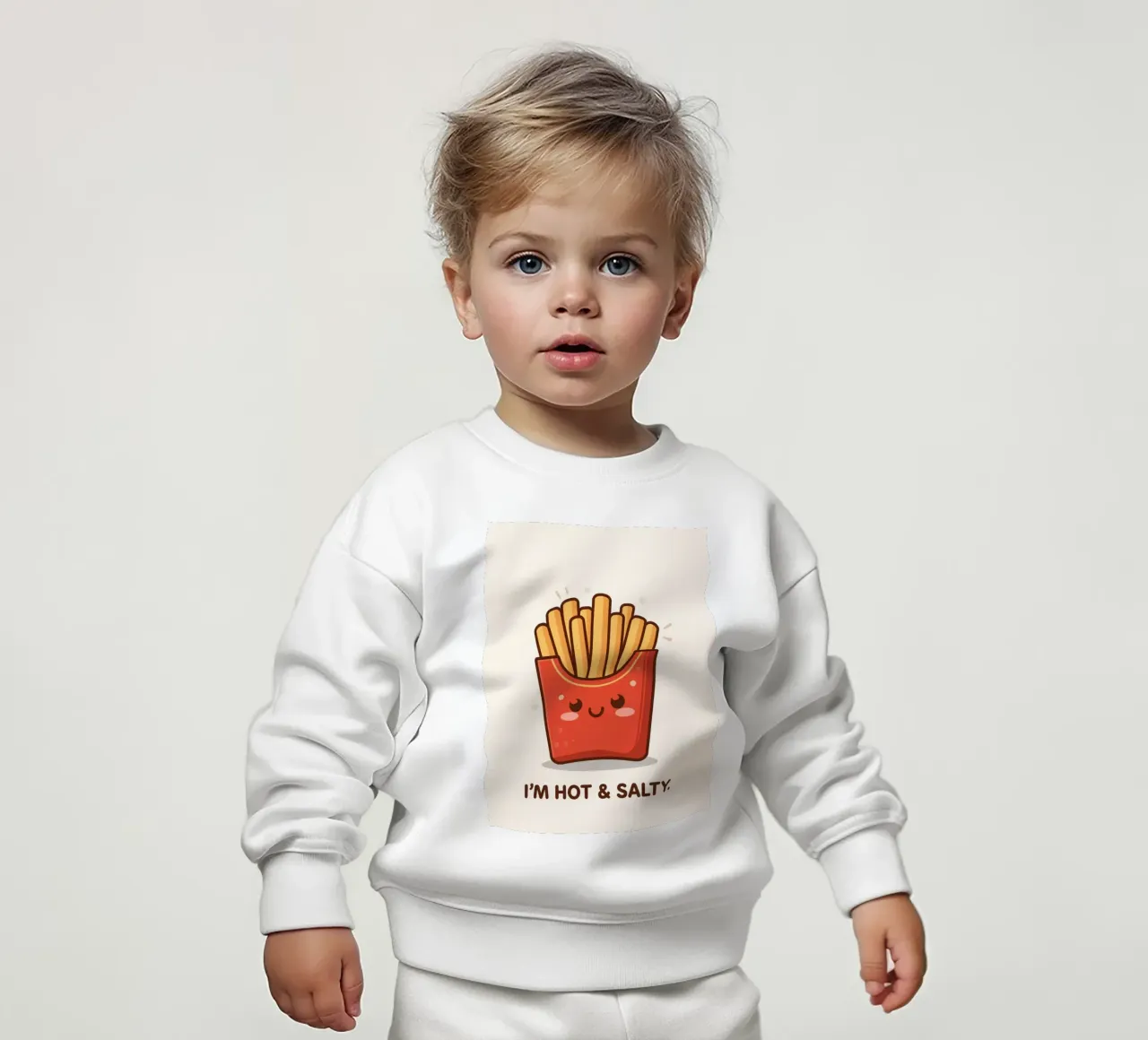 Patatine fritte con faccia felice " Io sono caldo e salato " felpa neonato da DesignDoodle