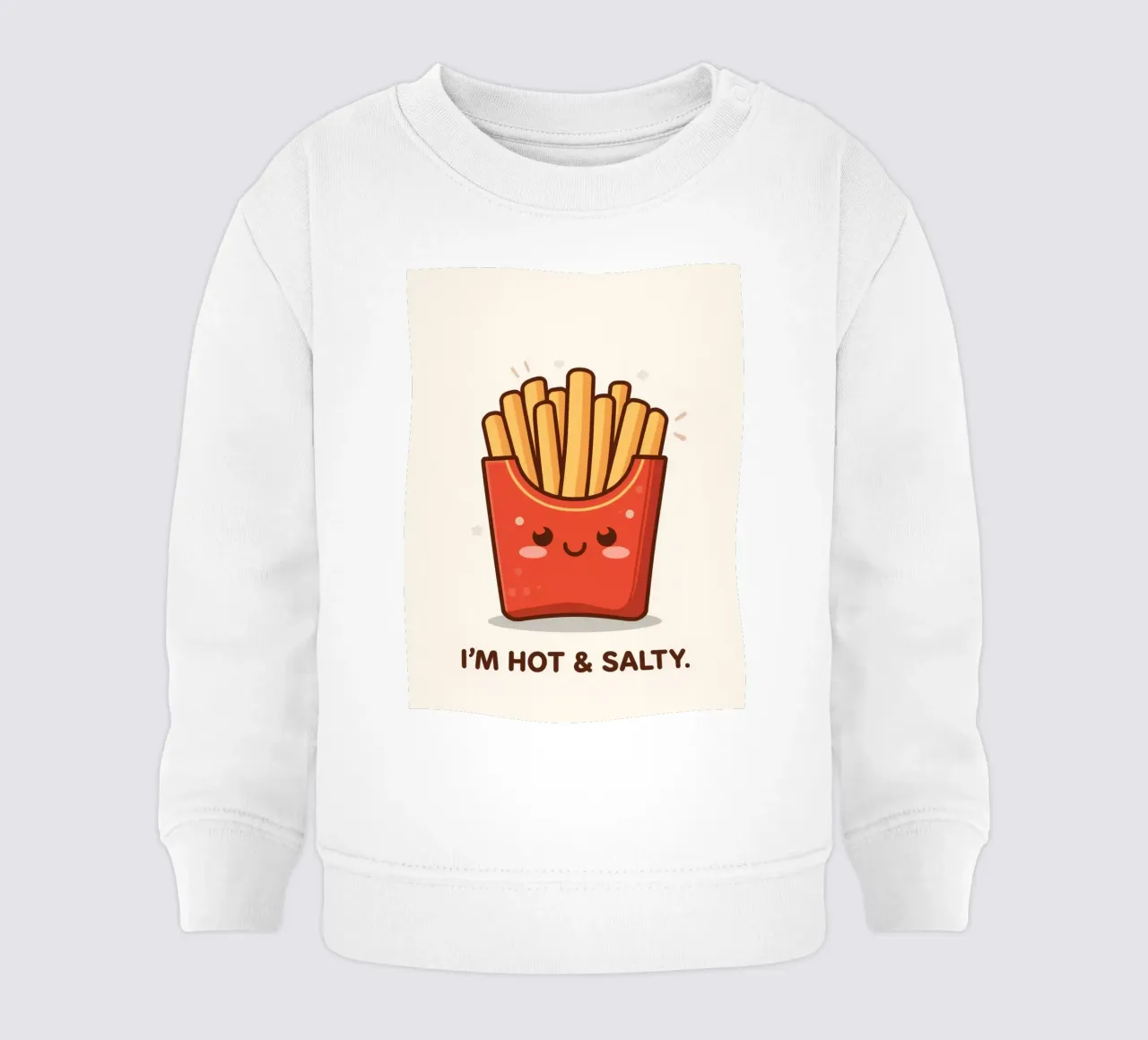 Patatine fritte con faccia felice " Io sono caldo e salato " felpa neonato da DesignDoodle