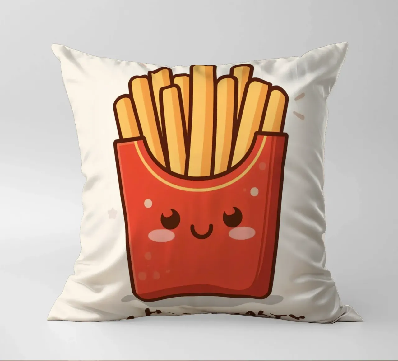Patatine fritte con faccia felice " Io sono caldo e salato " cuscino da DesignDoodle