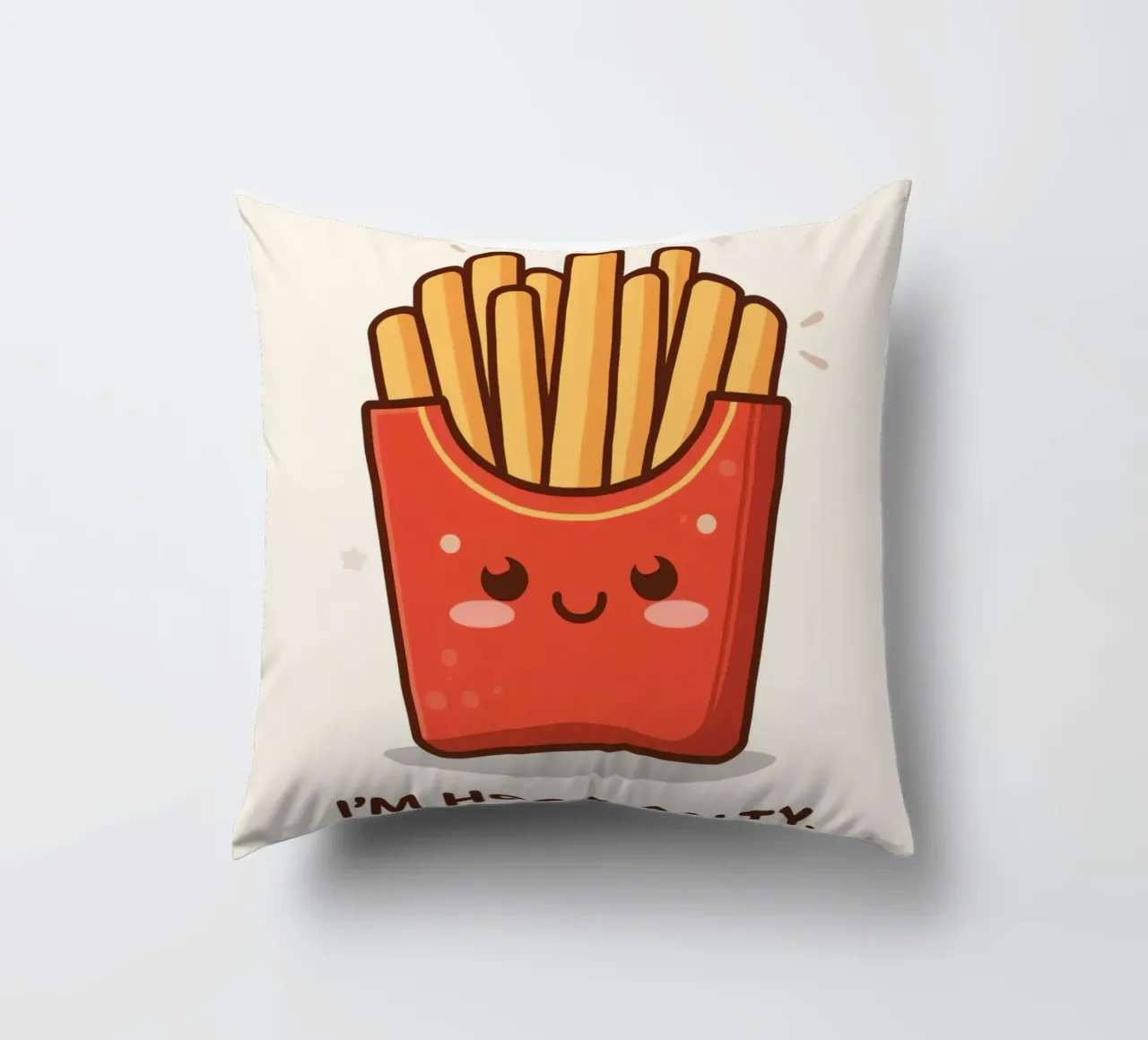 Patatine fritte con faccia felice " Io sono caldo e salato " cuscino da DesignDoodle