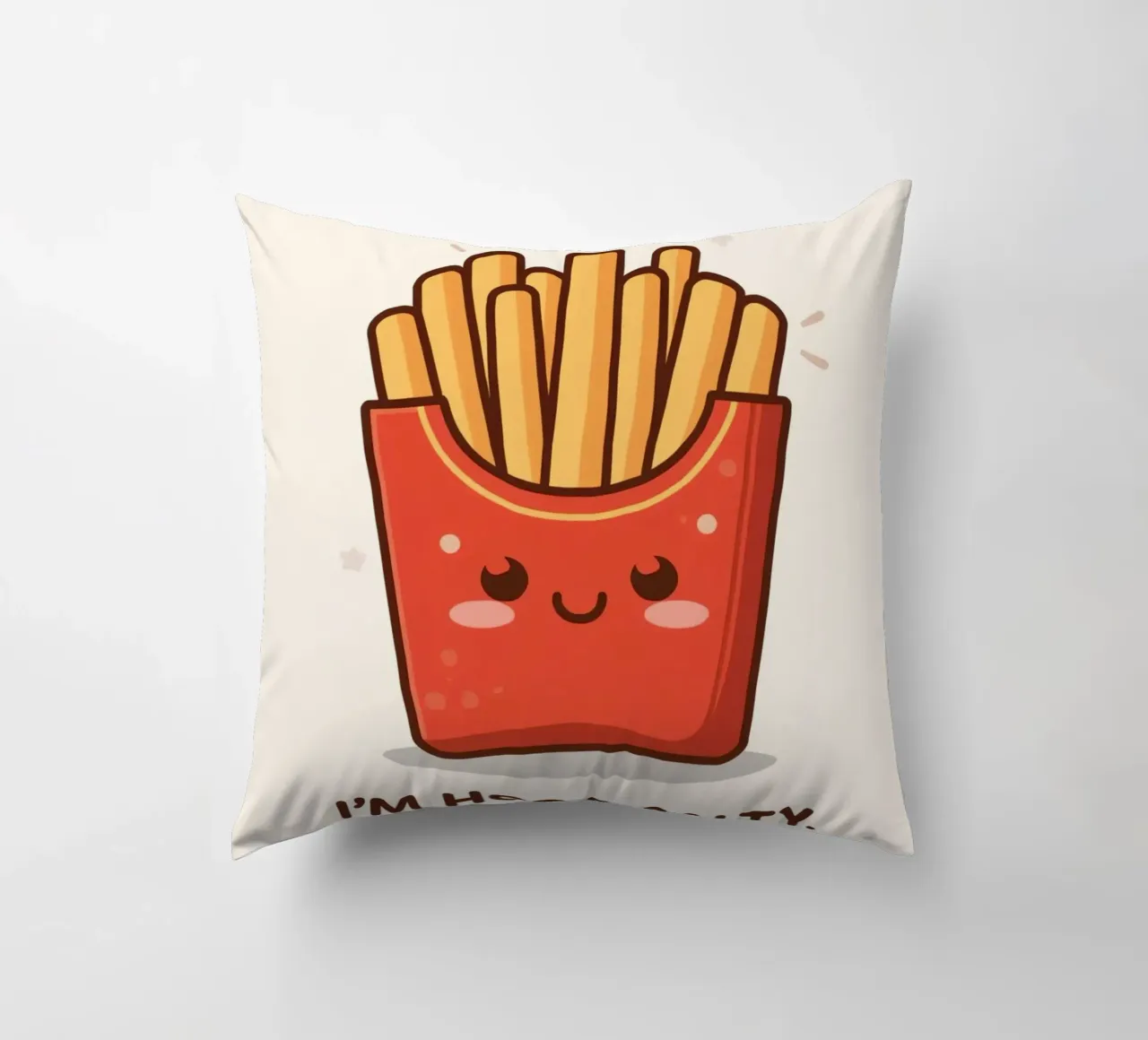 Patatine fritte con faccia felice " Io sono caldo e salato " cuscino da DesignDoodle