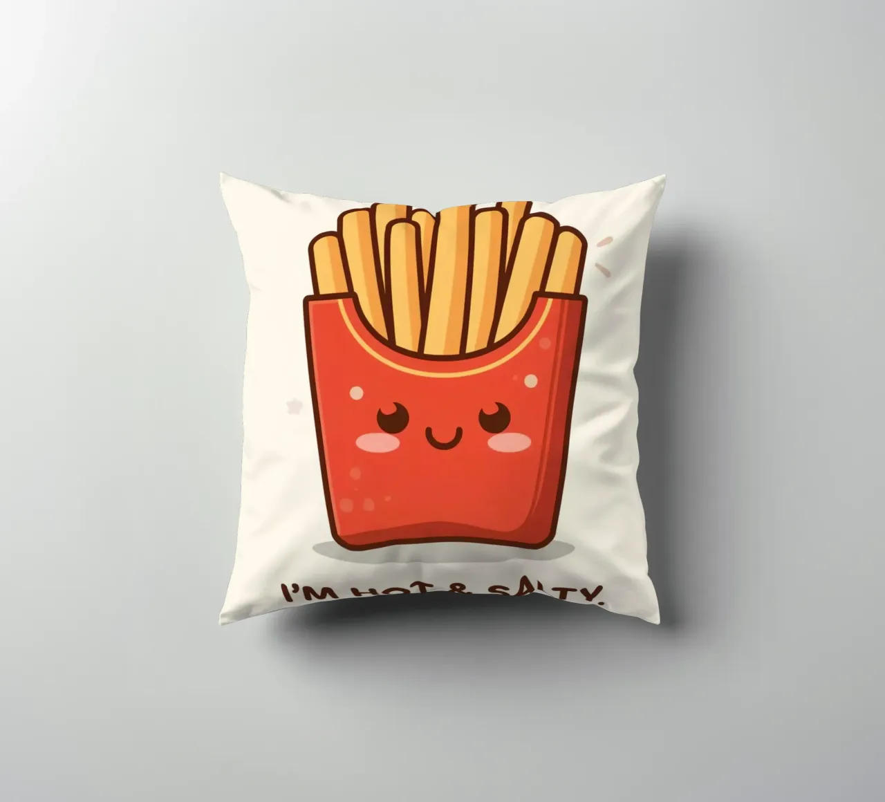 Patatine fritte con faccia felice " Io sono caldo e salato " cuscino da DesignDoodle