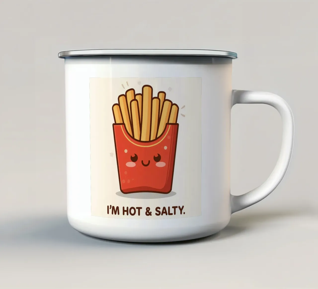 Patatine fritte con faccia felice " Io sono caldo e salato " tazza in smalto da DesignDoodle
