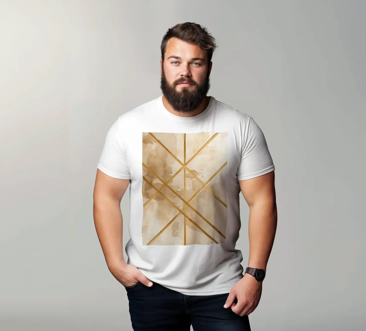 Gold Geometric Pattern on Textured Brown Background t-shirt da DesignDoodle