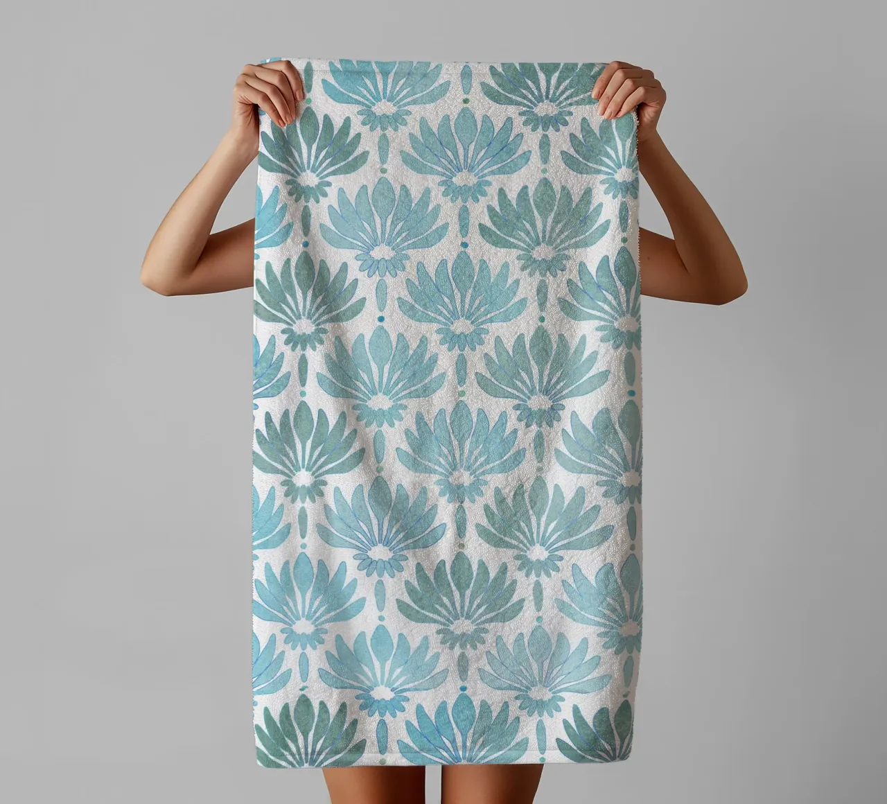 Pattern with stylised lilies in blue-turquoise, modern towel by CalliLetters