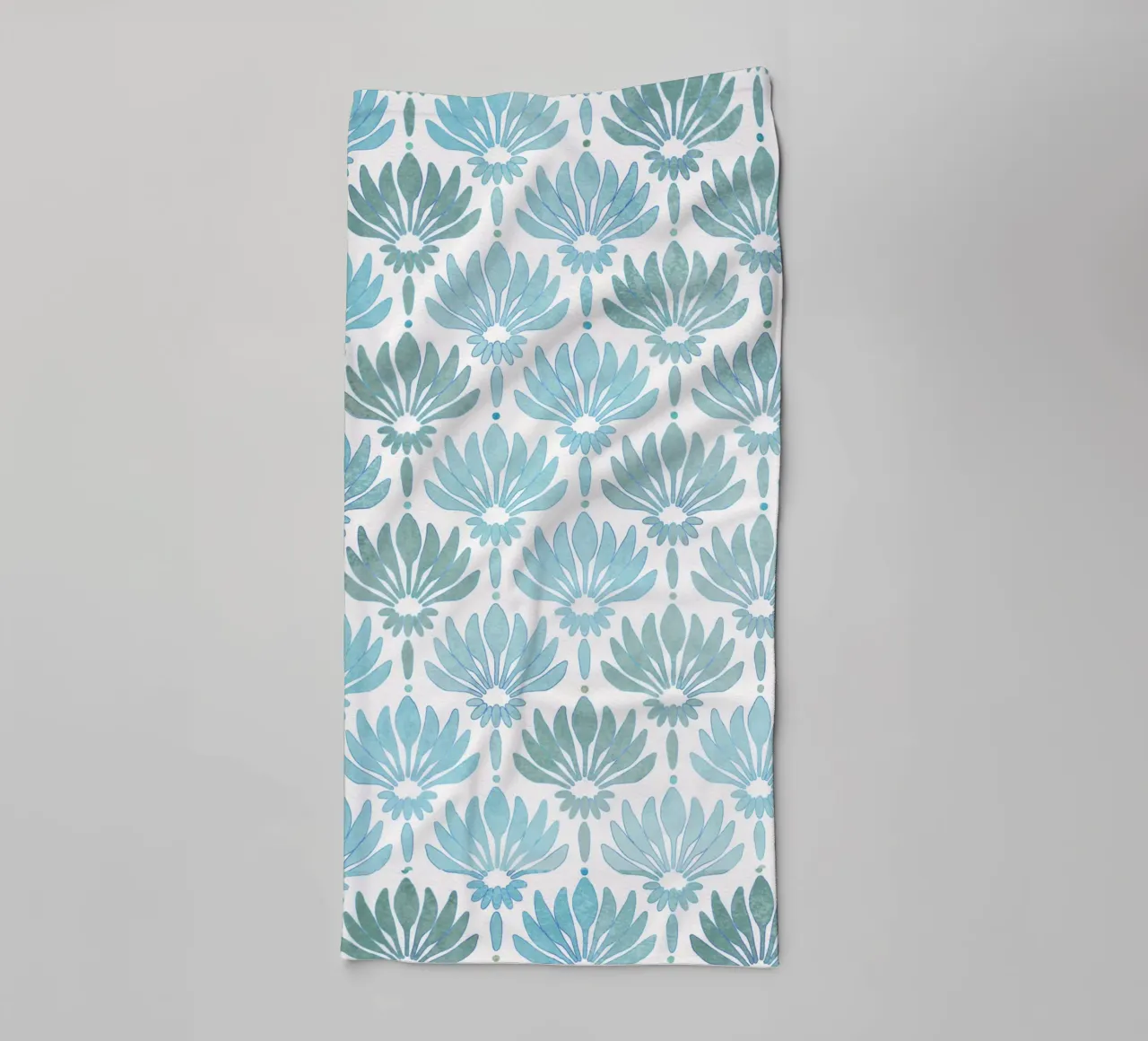 Pattern with stylised lilies in blue-turquoise, modern towel by CalliLetters