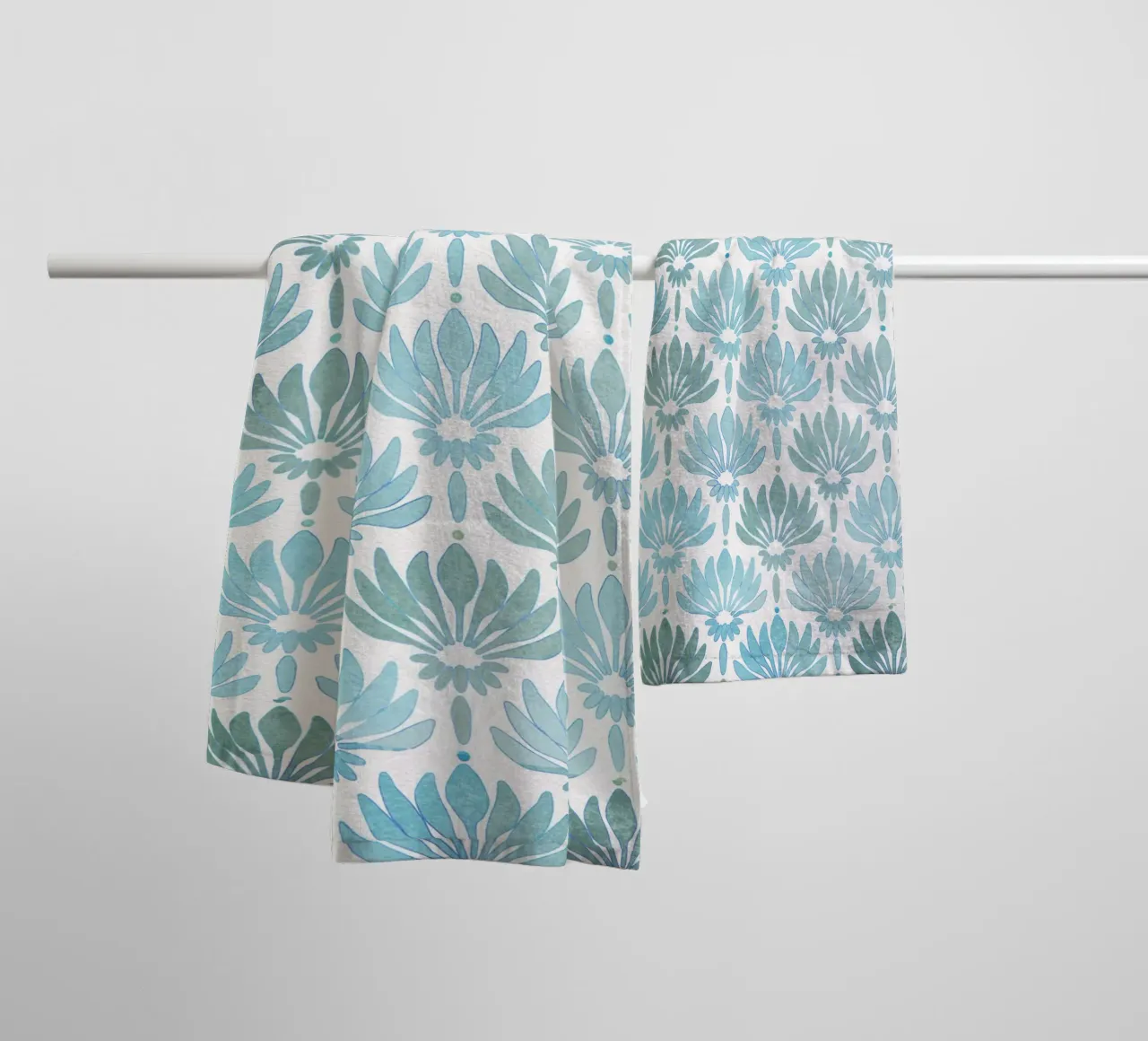 Pattern with stylised lilies in blue-turquoise, modern towel by CalliLetters