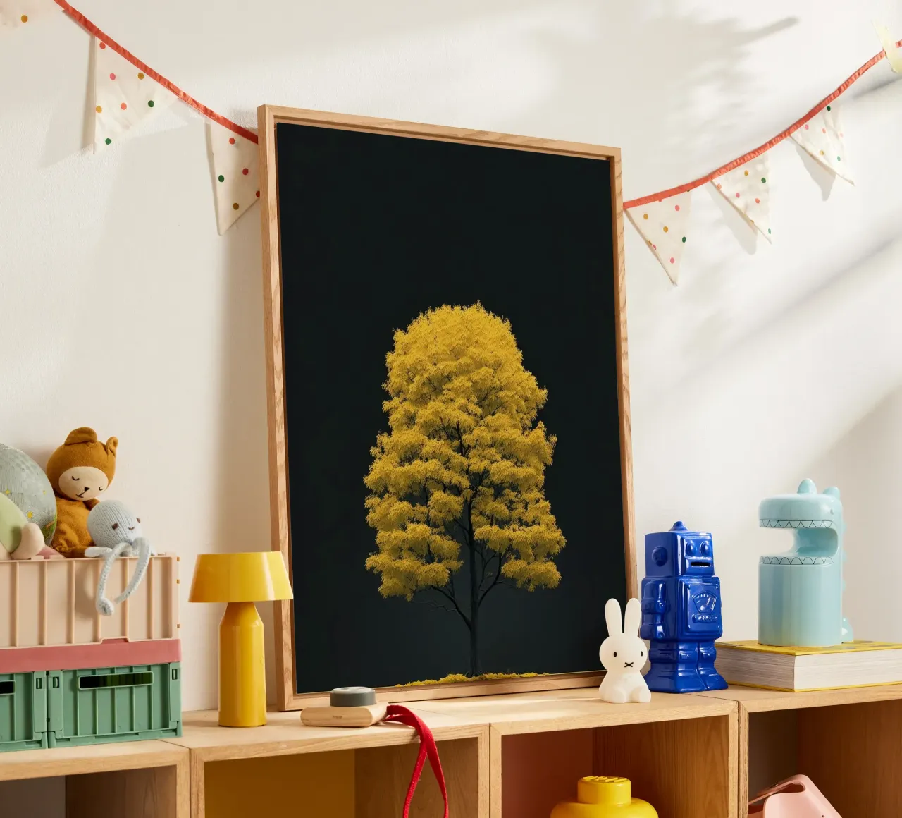 yellow tree in black shade plexiglass da marty