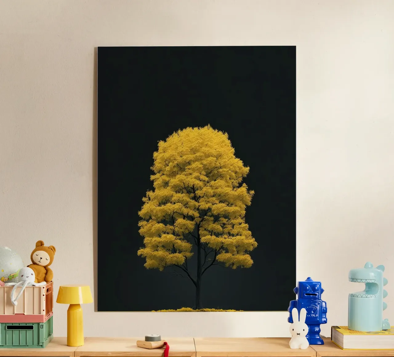 yellow tree in black shade plexiglass da marty