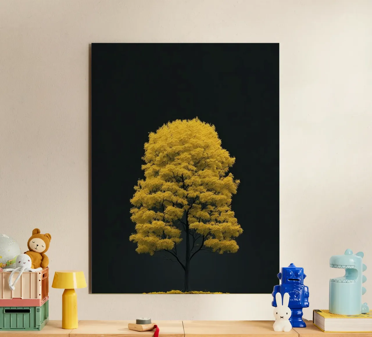 yellow tree in black shade alluminio dibond da marty