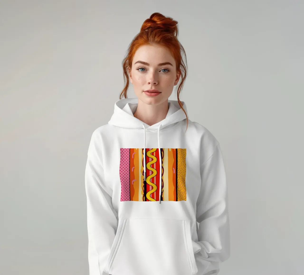 Perrito caliente Pop-Art con fondo de mostaza y lunares sudadera con capucha de DesignDoodle