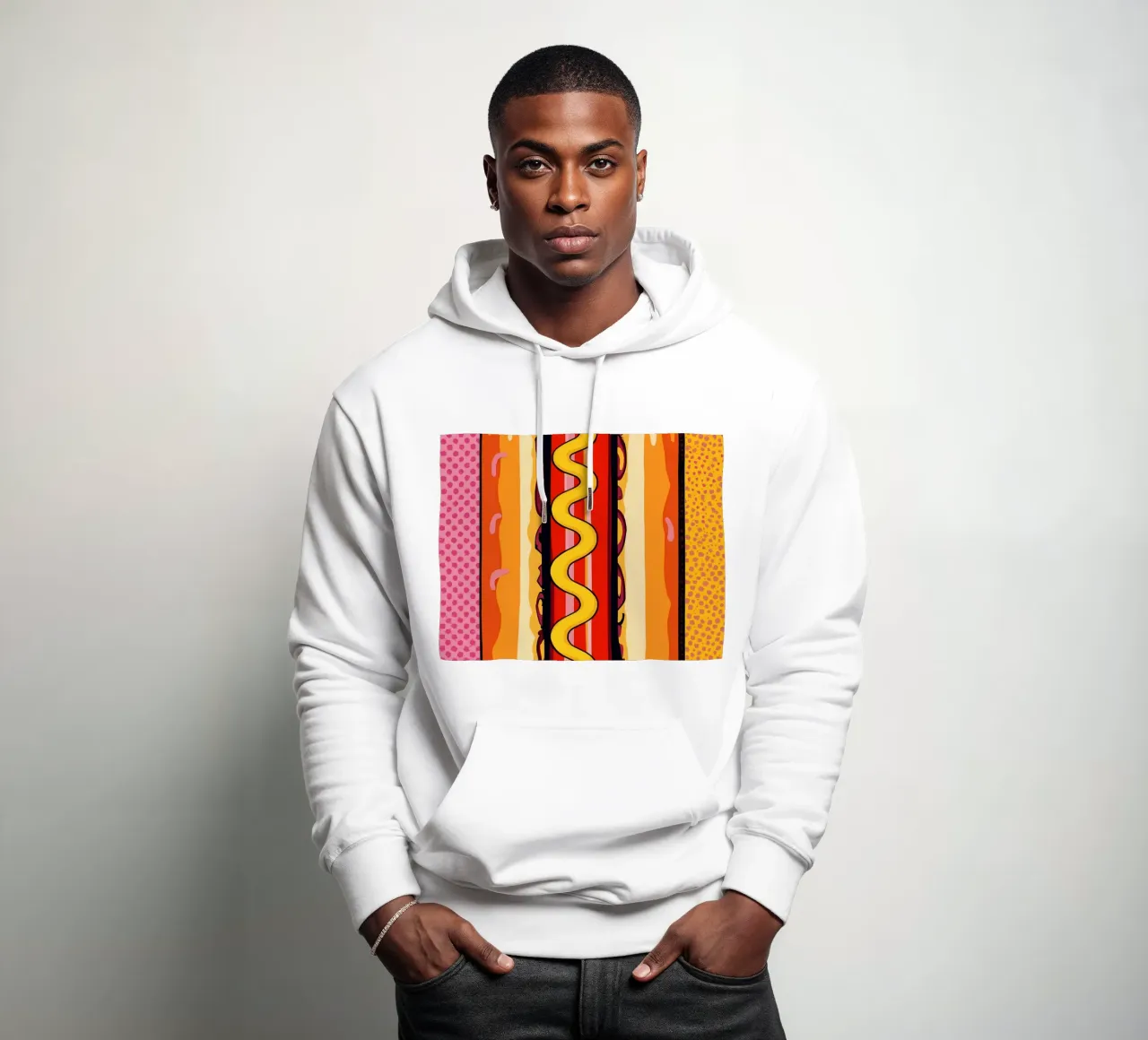 Perrito caliente Pop-Art con fondo de mostaza y lunares sudadera con capucha de DesignDoodle