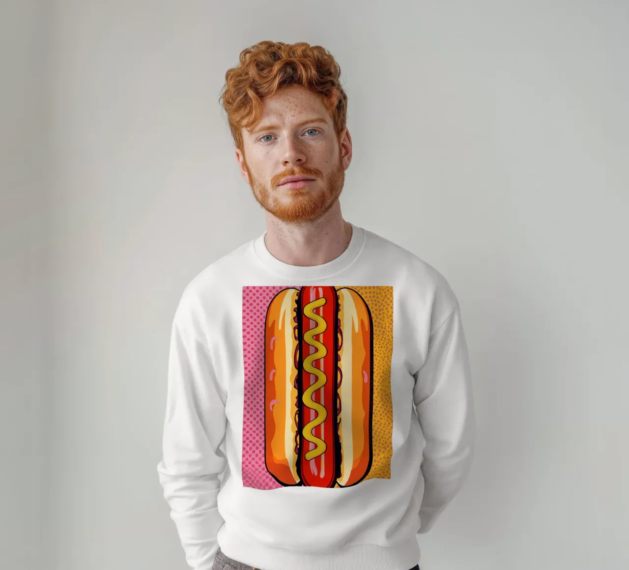 Perrito caliente Pop-Art con fondo de mostaza y lunares sudadera de DesignDoodle