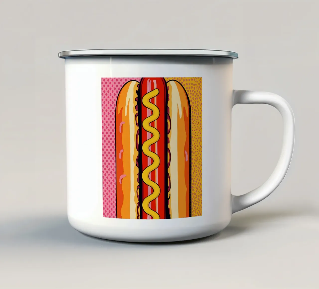 Pop-Art Hot Dog met mosterd en stippenachtergrond emaille mok van DesignDoodle