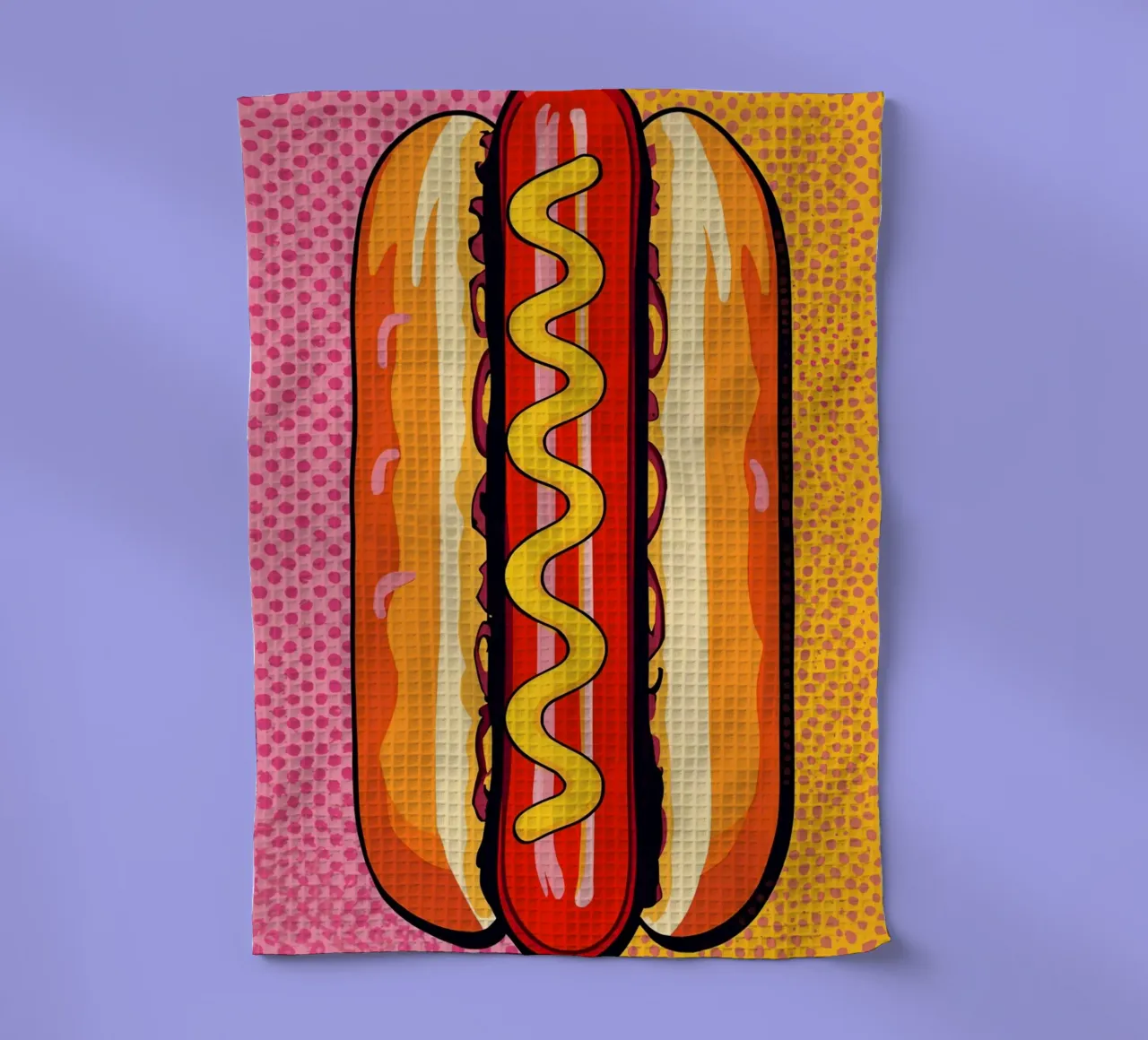 Pop-Art Hot Dog avec fond moutarde et points torchon de DesignDoodle