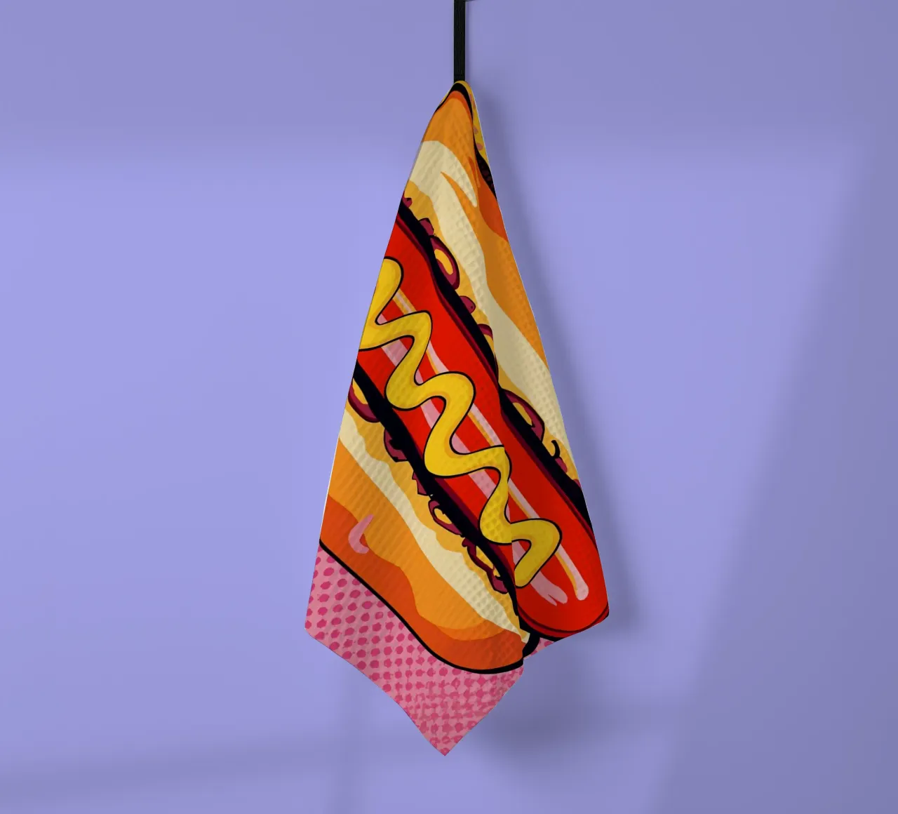 Pop-Art Hot Dog avec fond moutarde et points torchon de DesignDoodle