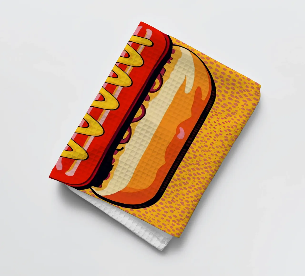 Pop-Art Hot Dog avec fond moutarde et points torchon de DesignDoodle