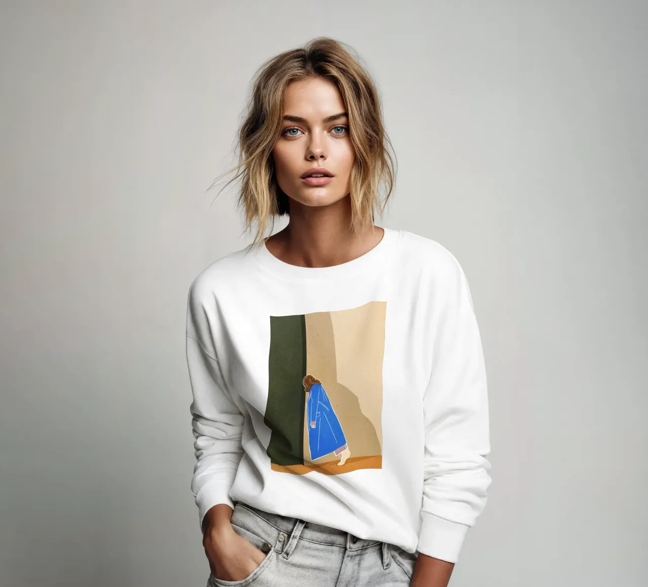Lazy Woman Modern Art Print Mujer con abrigo azul Bujaboom sudadera de bujaboom