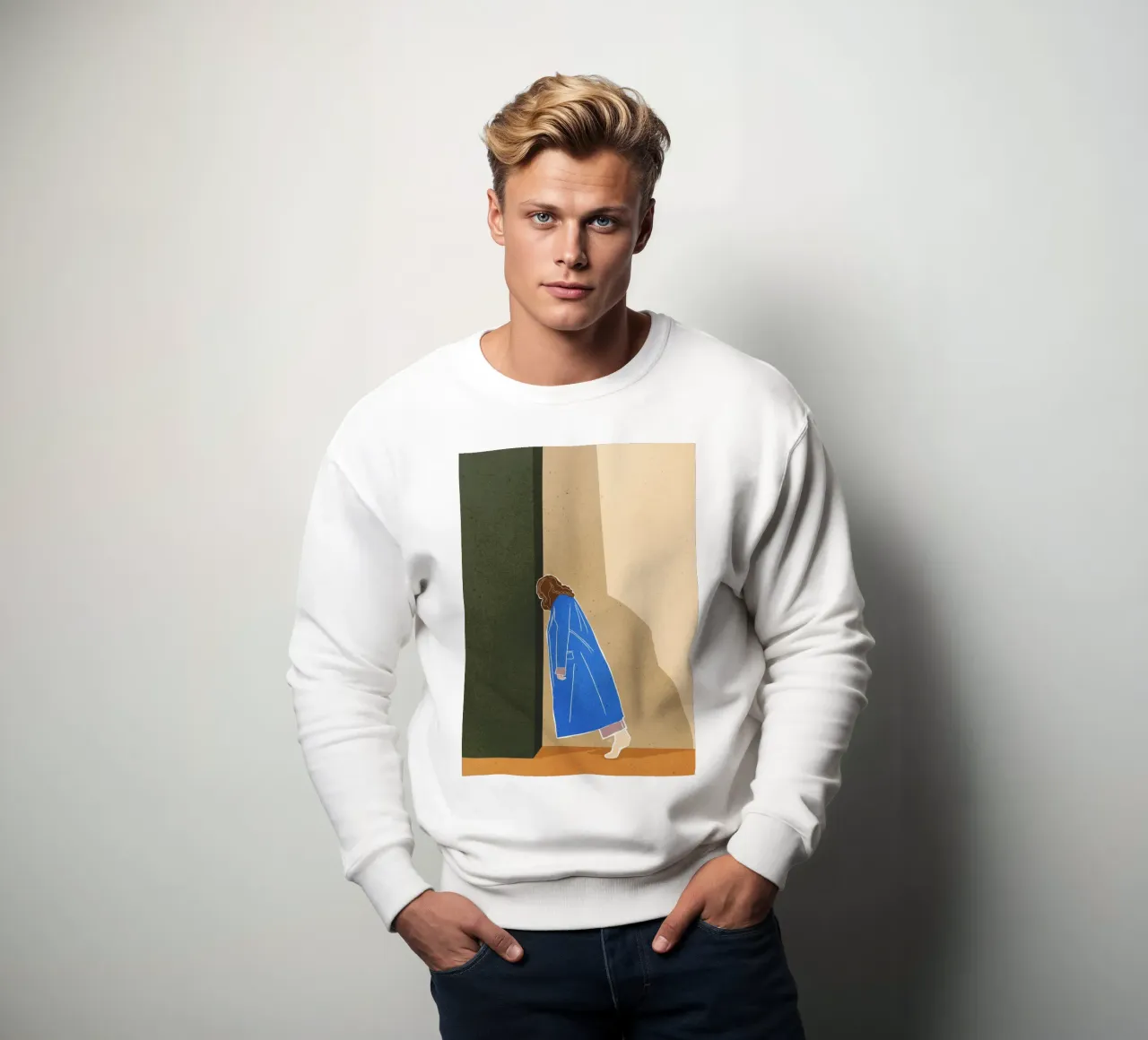 Lazy Woman Modern Art Print Mujer con abrigo azul Bujaboom sudadera de bujaboom