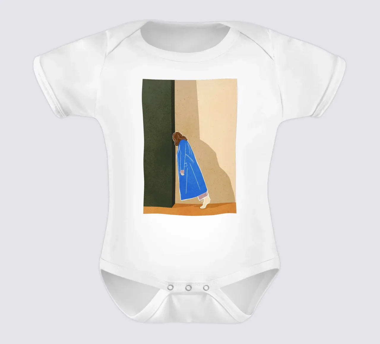 Lazy Woman Modern Art Print Frau in blauem Mantel Bujaboom Kurzarm Babybody von bujaboom