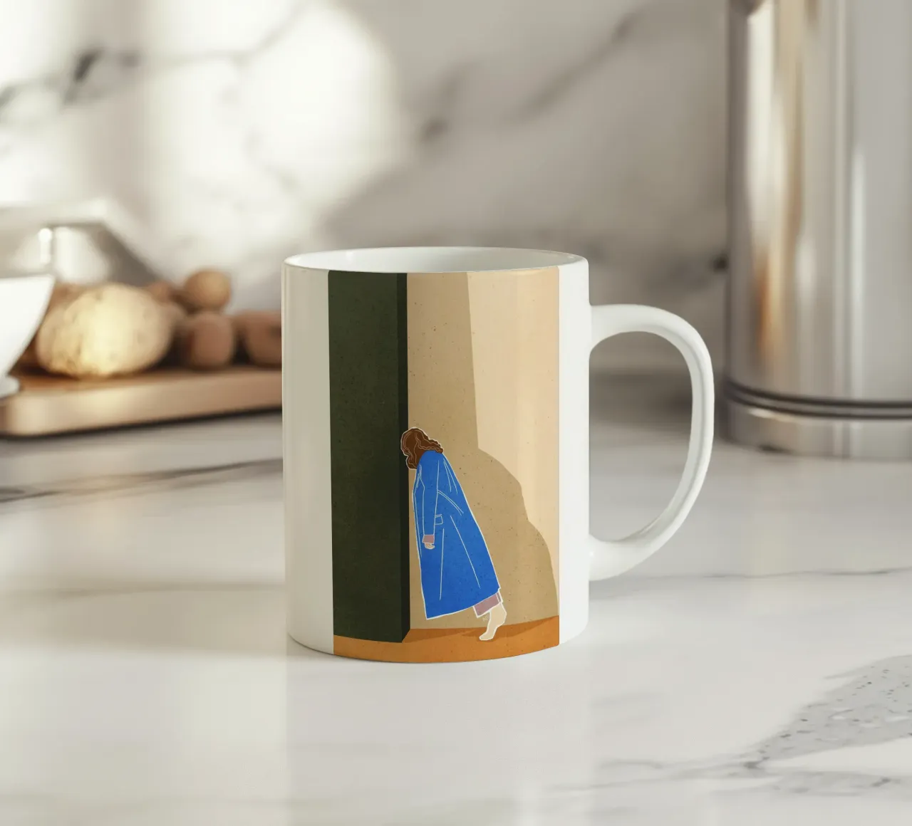 Luie vrouw Modern Art Print Vrouw in blauwe jas Bujaboom keramische mok van bujaboom