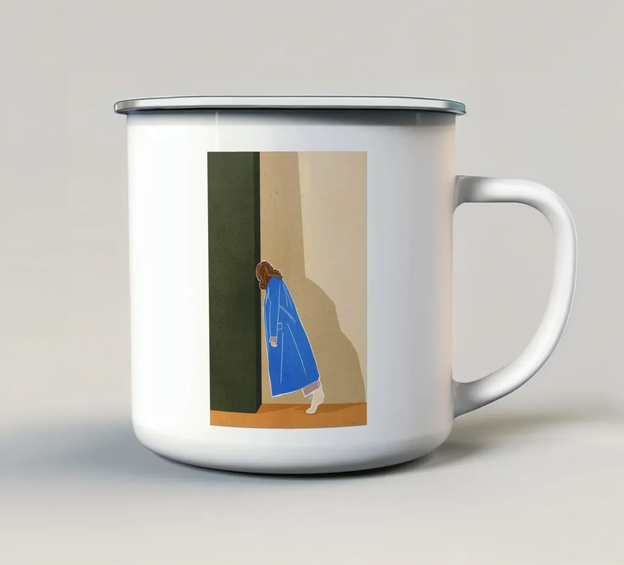 Luie vrouw Modern Art Print Vrouw in blauwe jas Bujaboom emaille mok van bujaboom