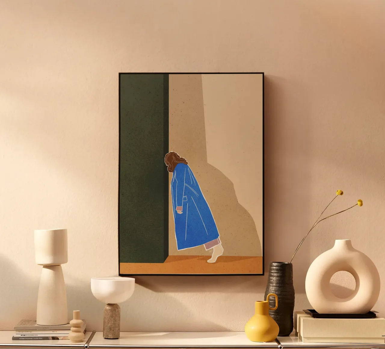 Lazy Woman Modern Art Print Mujer con abrigo azul Bujaboom metacrilato de bujaboom