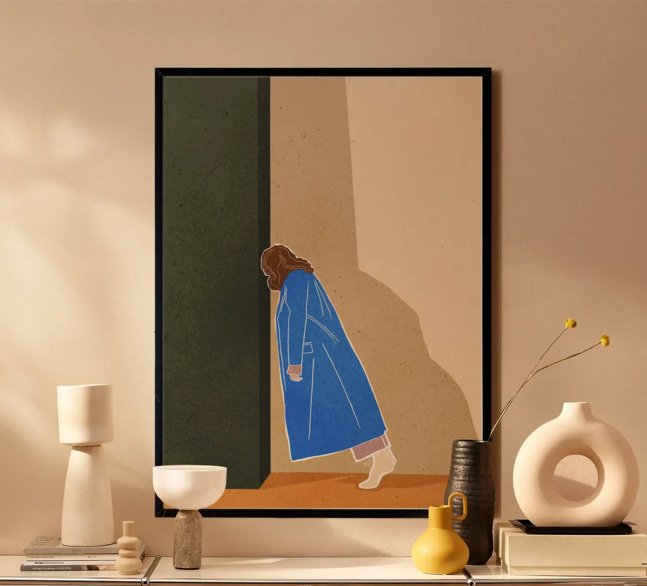 Lazy Woman Modern Art Print Frau in blauem Mantel Bujaboom Hahnemühle von bujaboom