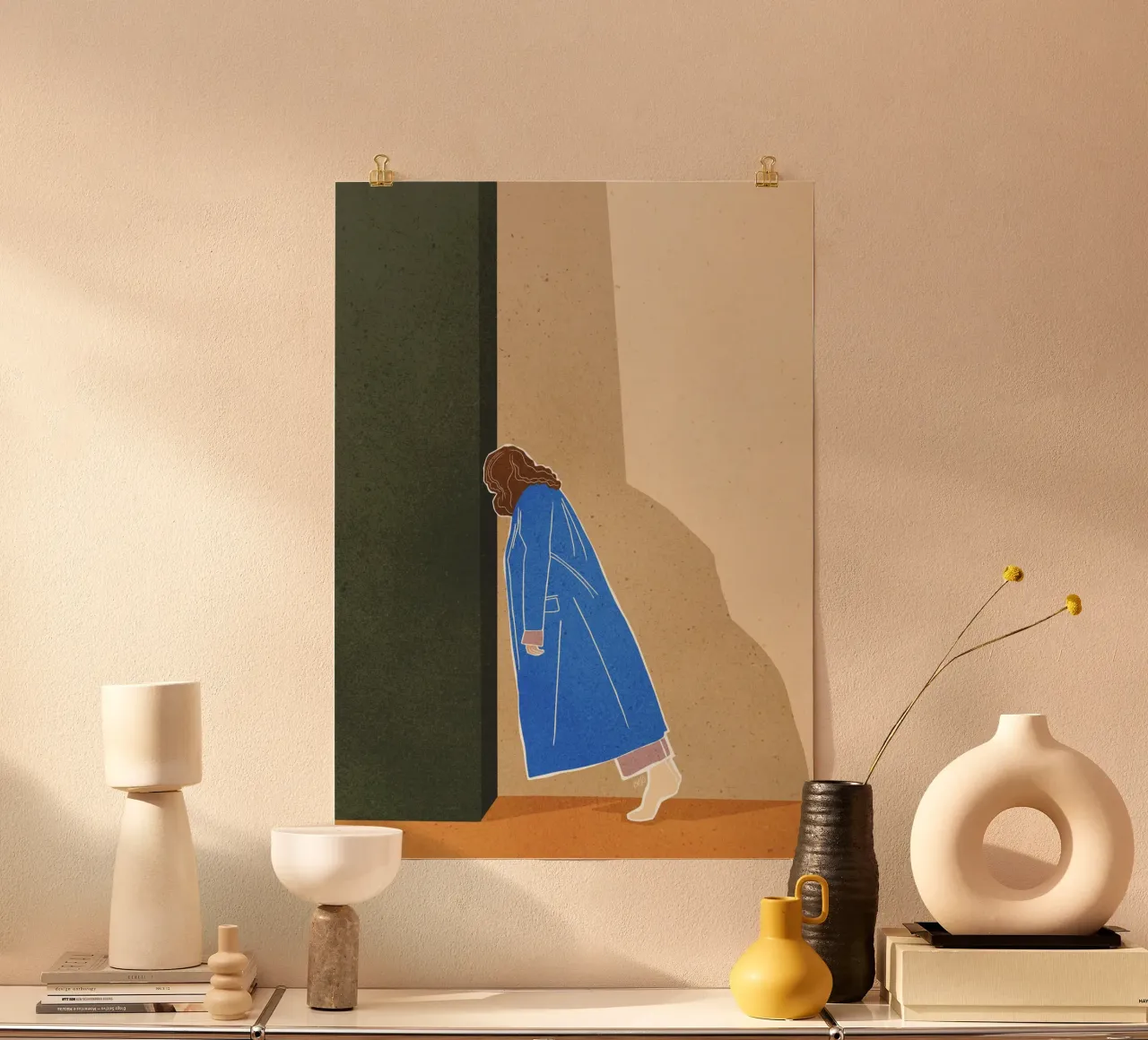Lazy Woman Modern Art Print Frau in blauem Mantel Bujaboom Hahnemühle von bujaboom