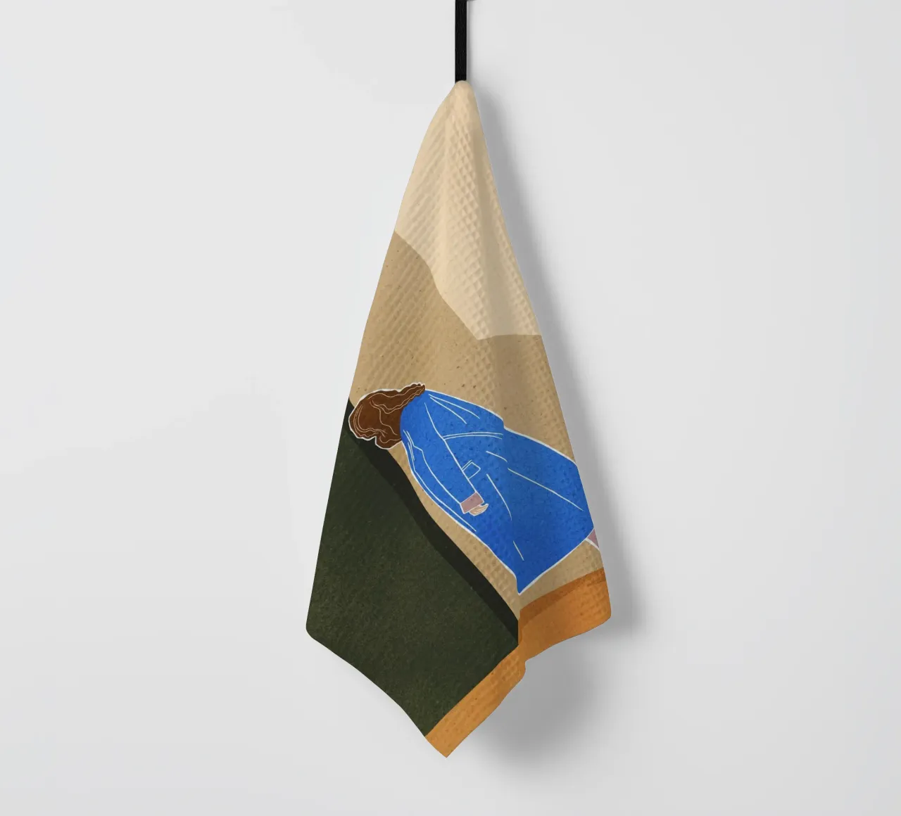 Lazy Woman Modern Art Print Frau in blauem Mantel Bujaboom Geschirrtuch von bujaboom