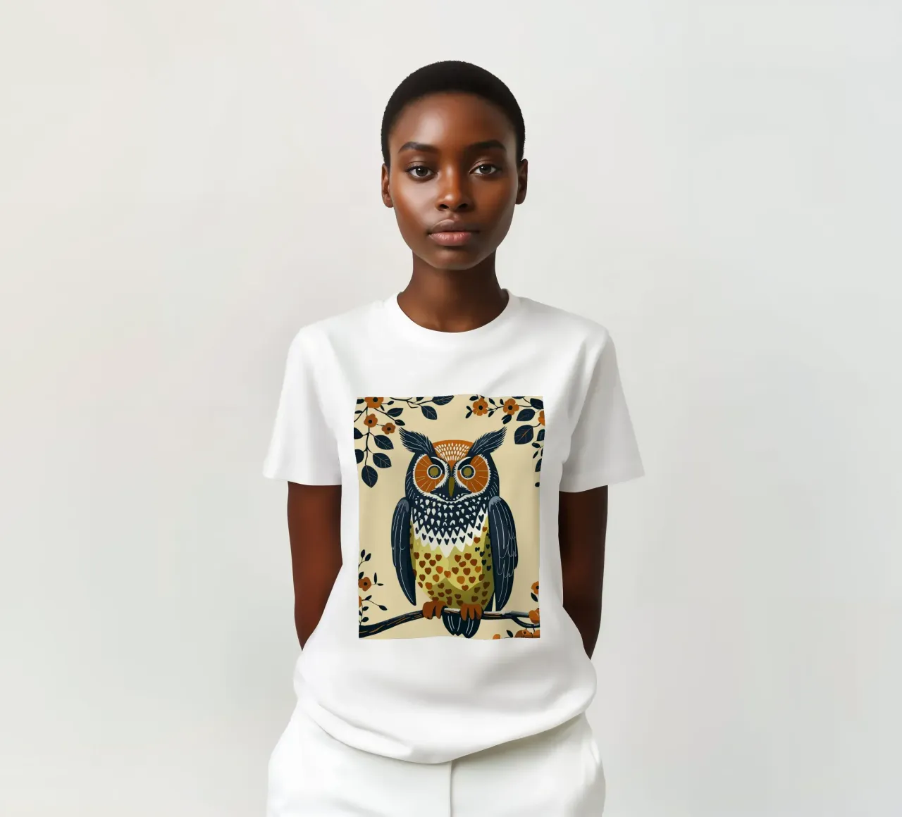 Gufo della foresta in stile metà secolo t-shirt da Taika Tori Art