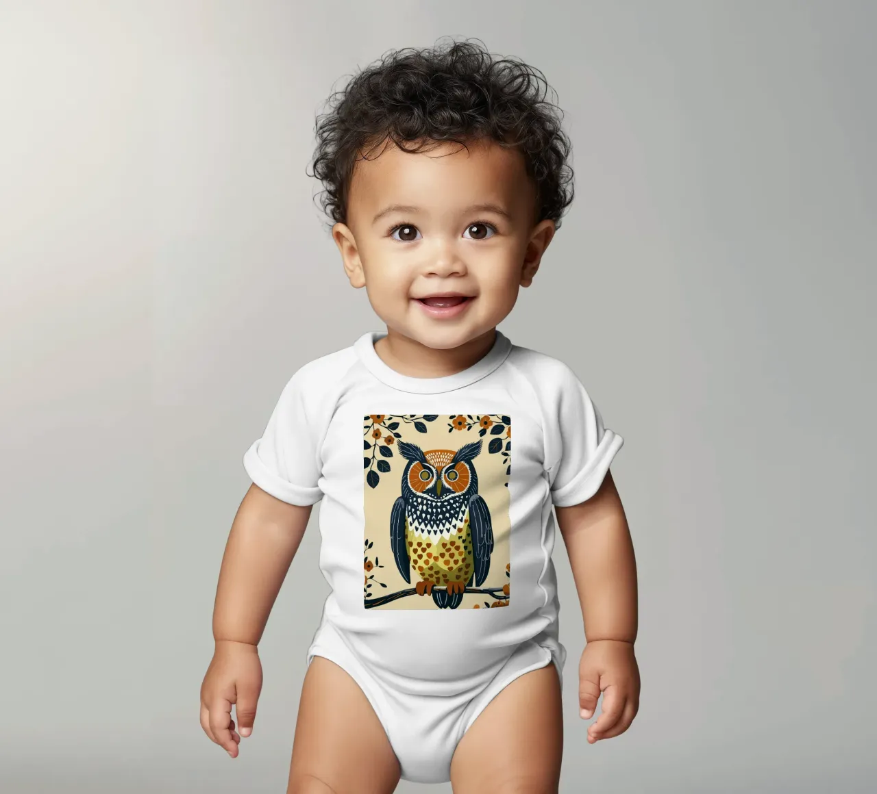 Gufo della foresta in stile metà secolo body neonato maniche corte da Taika Tori Art