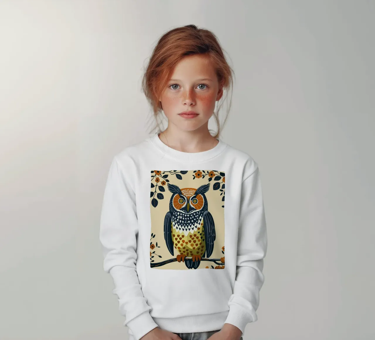 Gufo della foresta in stile metà secolo felpa bambino da Taika Tori Art