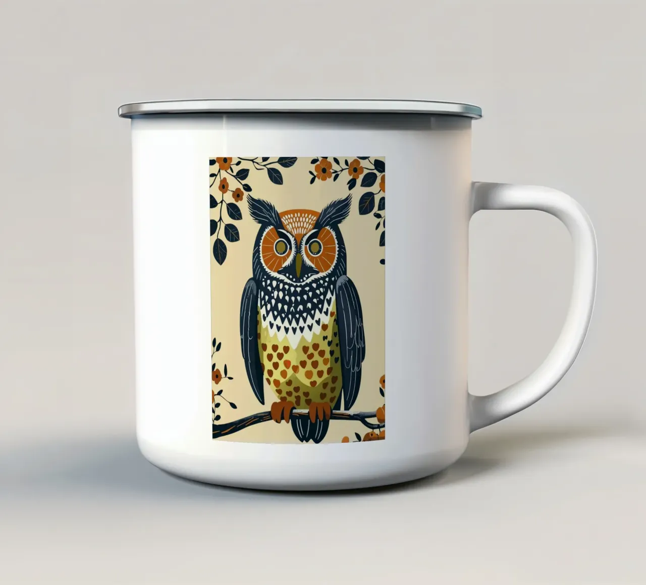 Gufo della foresta in stile metà secolo tazza in smalto da Taika Tori Art