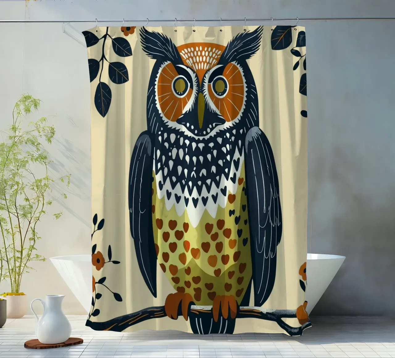 Gufo della foresta in stile metà secolo tenda da doccia da Taika Tori Art