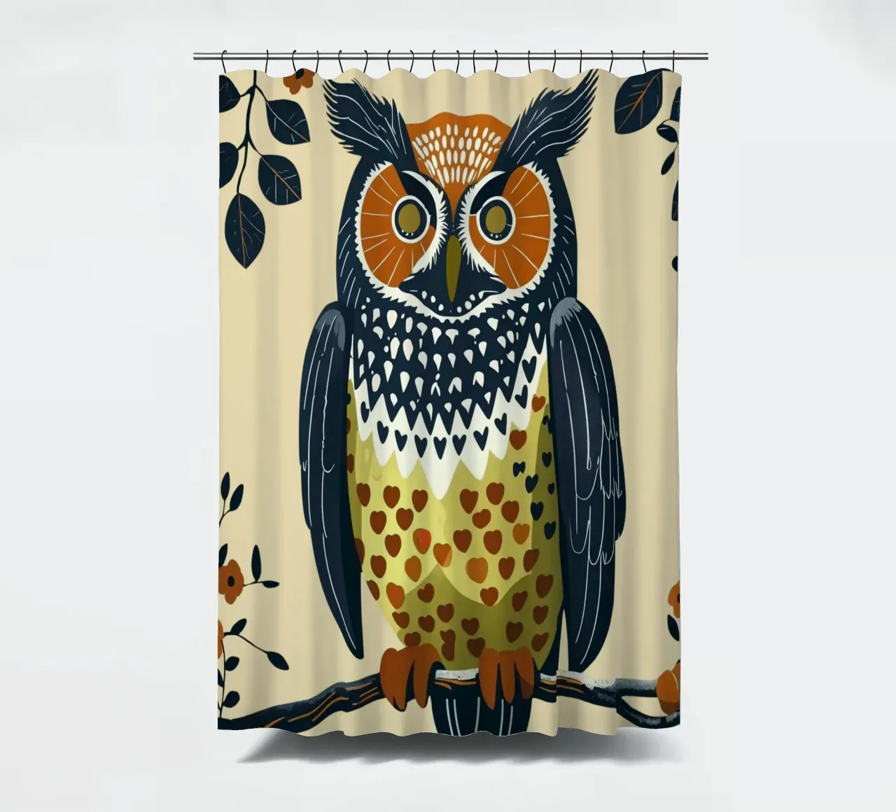 Gufo della foresta in stile metà secolo tenda da doccia da Taika Tori Art